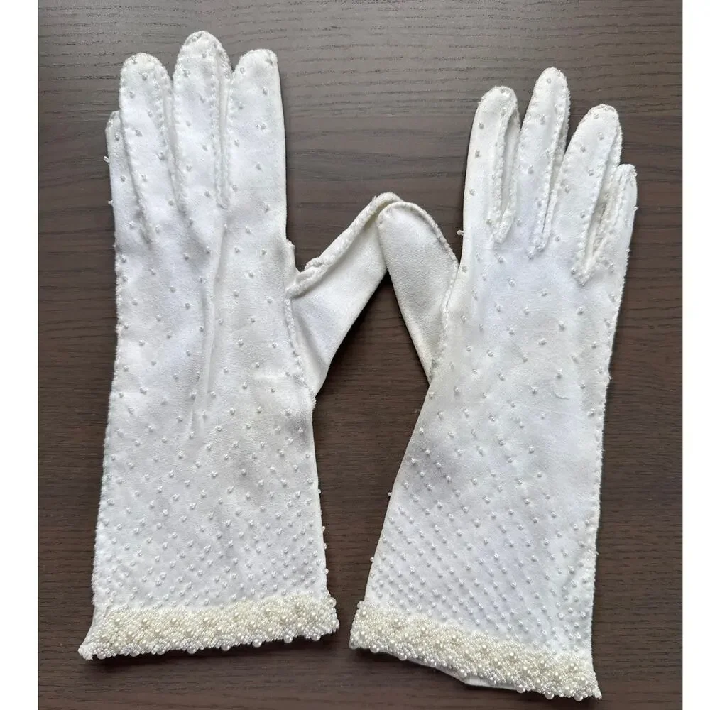 Vintage Cotton Gloves 60s set of 3 pair Pearl, Eyelet, Stripe Size Small